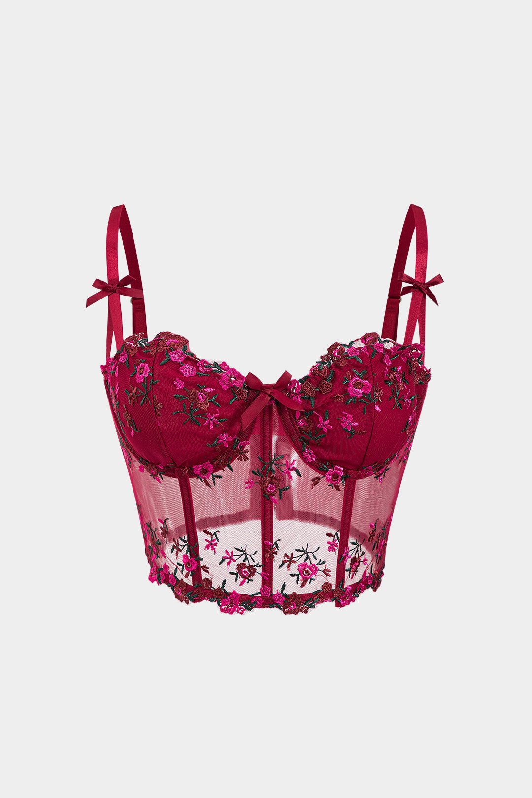 Mesh Embroidery Sheer Bow Bustier Crop