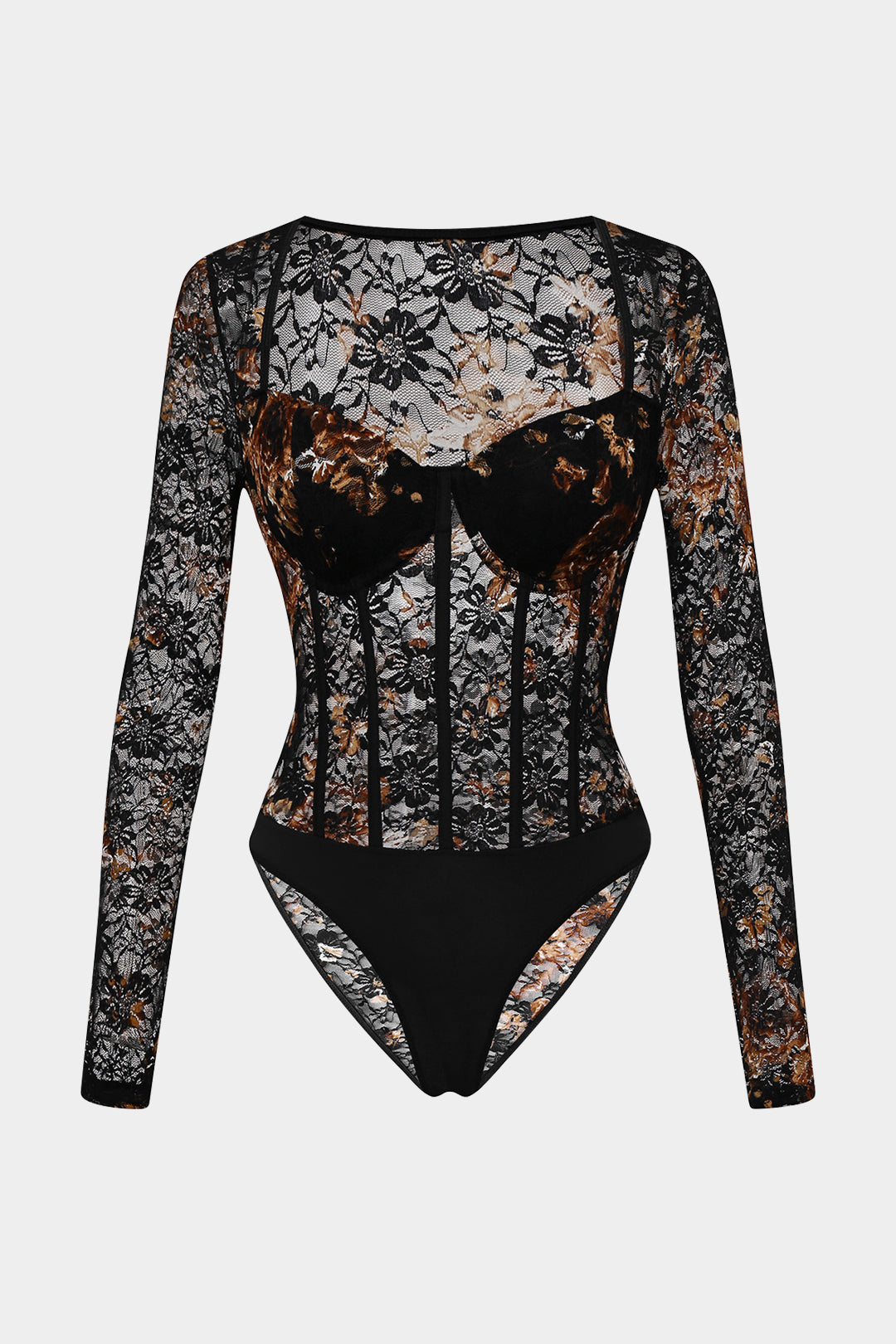 Sheer Lace Corset Uzun Kollu Bodysuit