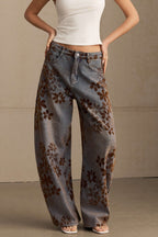 Çiçek Desenli Geniş Paçalı Kot Pantolon