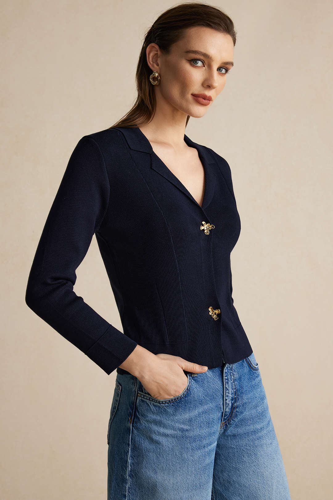 Sweater Button V-Neck Long-Sleeve Hırka