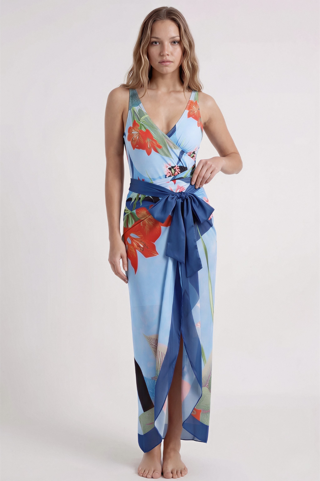 Blue Floral Swimsuit & Sarong