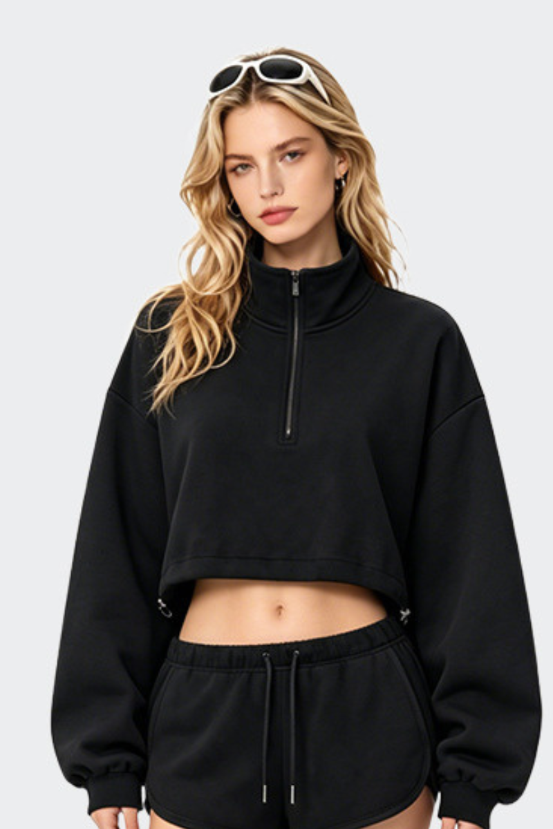 Women's Half Zip Stand Collar Cropped Drawstring Sweatshirt