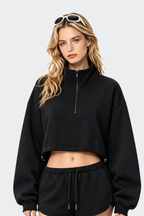 Women's Half Zip Stand Collar Cropped Drawstring Sweatshirt