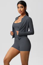 Completo 3 pezzi Celeste: reggiseno, giacca con zip e shorts