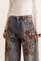 Çiçek Desenli Geniş Paçalı Kot Pantolon