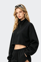 Women's Half Zip Stand Collar Cropped Drawstring Sweatshirt