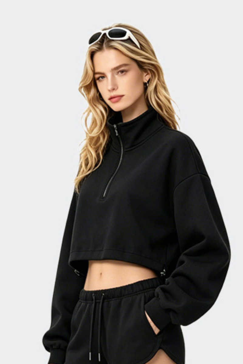 Women's Half Zip Stand Collar Cropped Drawstring Sweatshirt