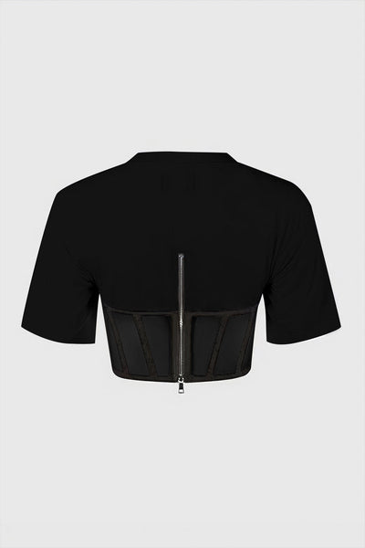 Zipper Short Sleeve Round Neck Corset Crop