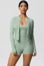 Completo 3 pezzi Celeste: reggiseno, giacca con zip e shorts