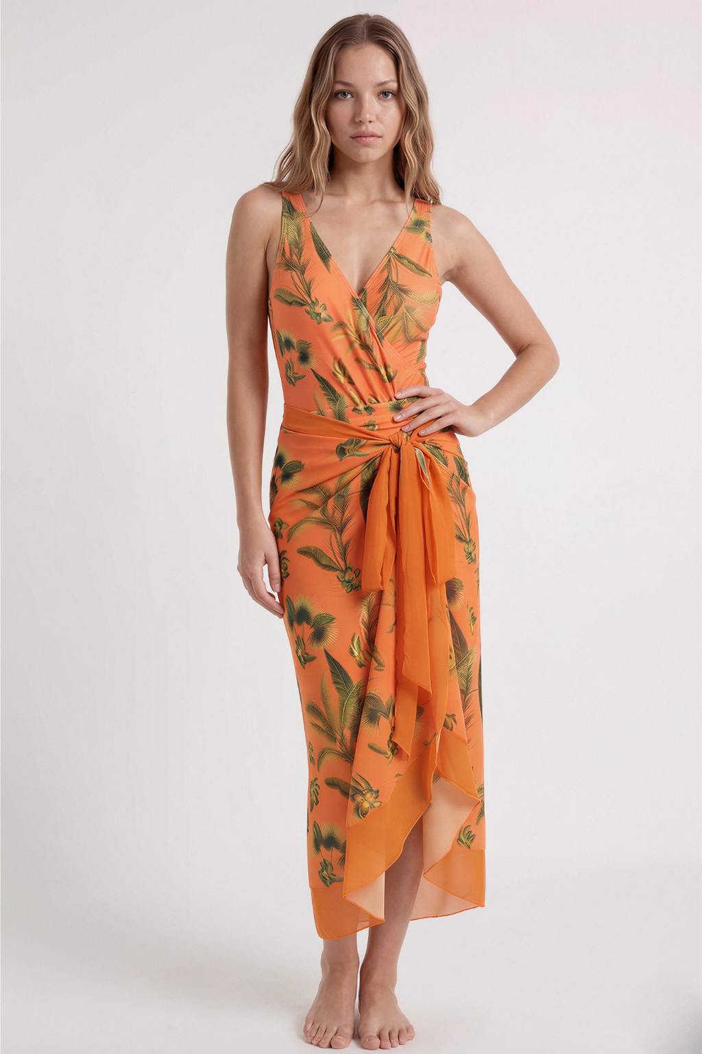 Orange Floral Swimsuit & Sarong