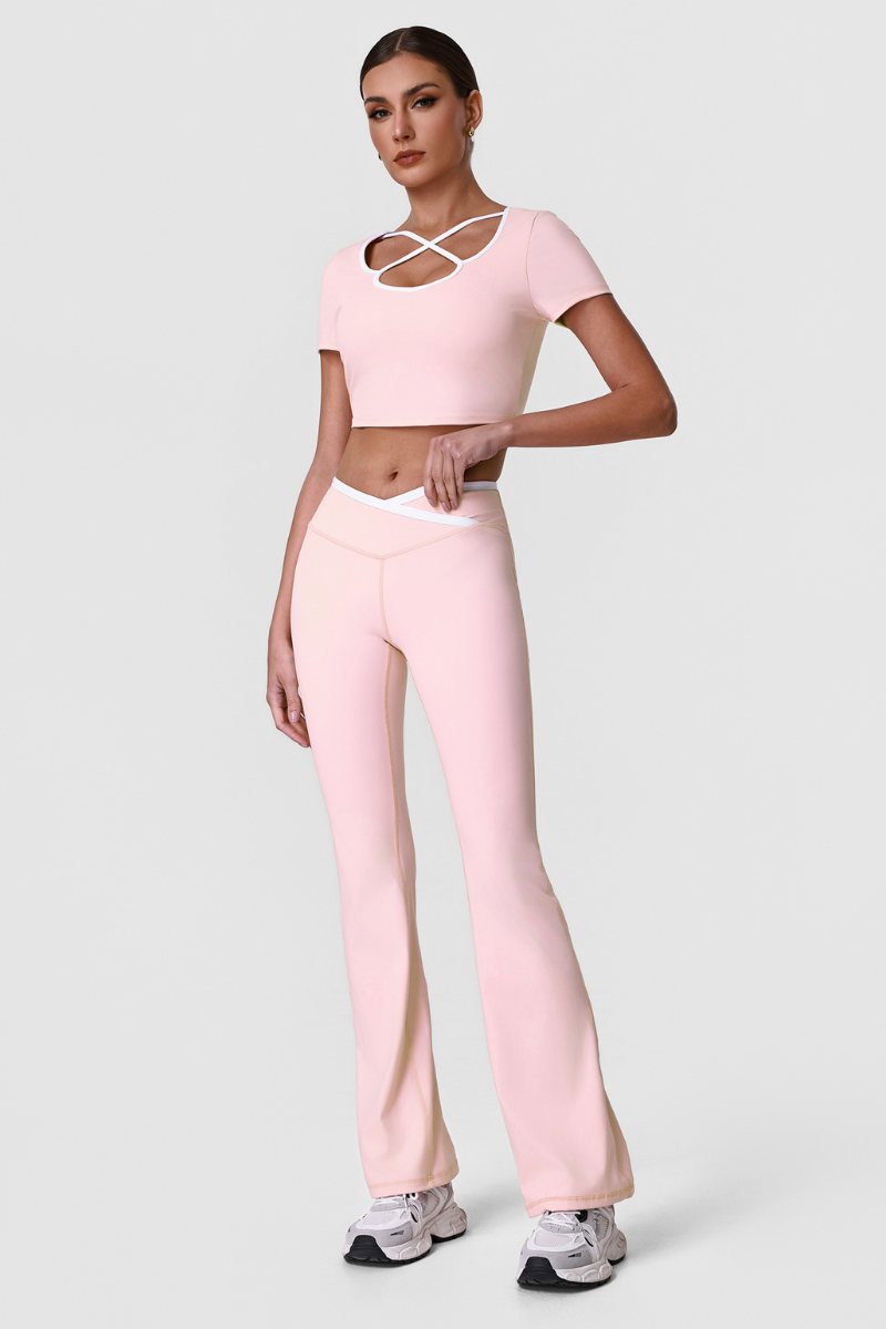 Women's Color Block Sets:Cropped T-shirt And Flared Pants