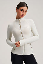 Women Stand Collar Gold Zipper Slim Fit Yoga Jacket Running Workout Top