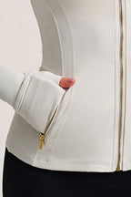 Women Stand Collar Gold Zipper Slim Fit Yoga Jacket Running Workout Top
