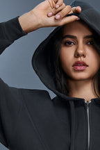 Women Fleece Hooded Windproof Loose Casual Zip Jacket