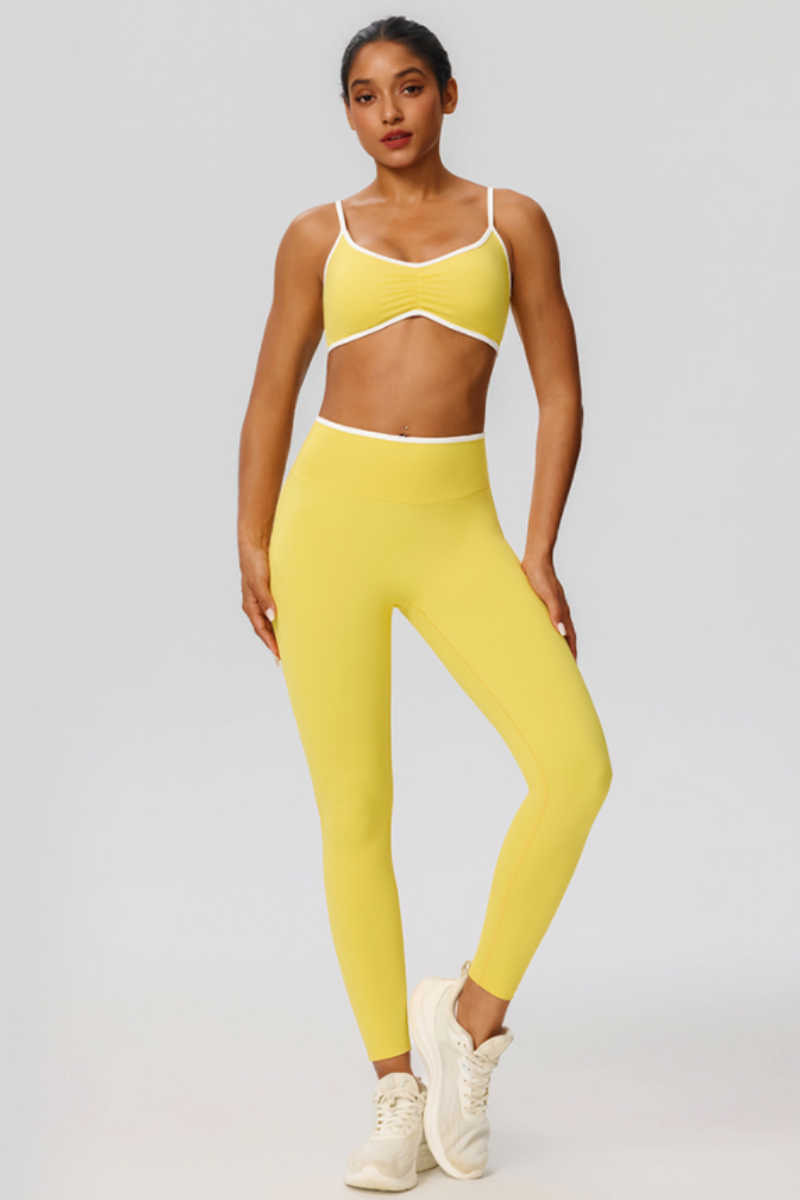 Women's Color Clash Bra Pleated Buttocks Lift Leggings Sets