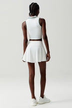 Women Stretch Yoga Tennis Set: Sleeveless Sports Top + High Waist Skirt