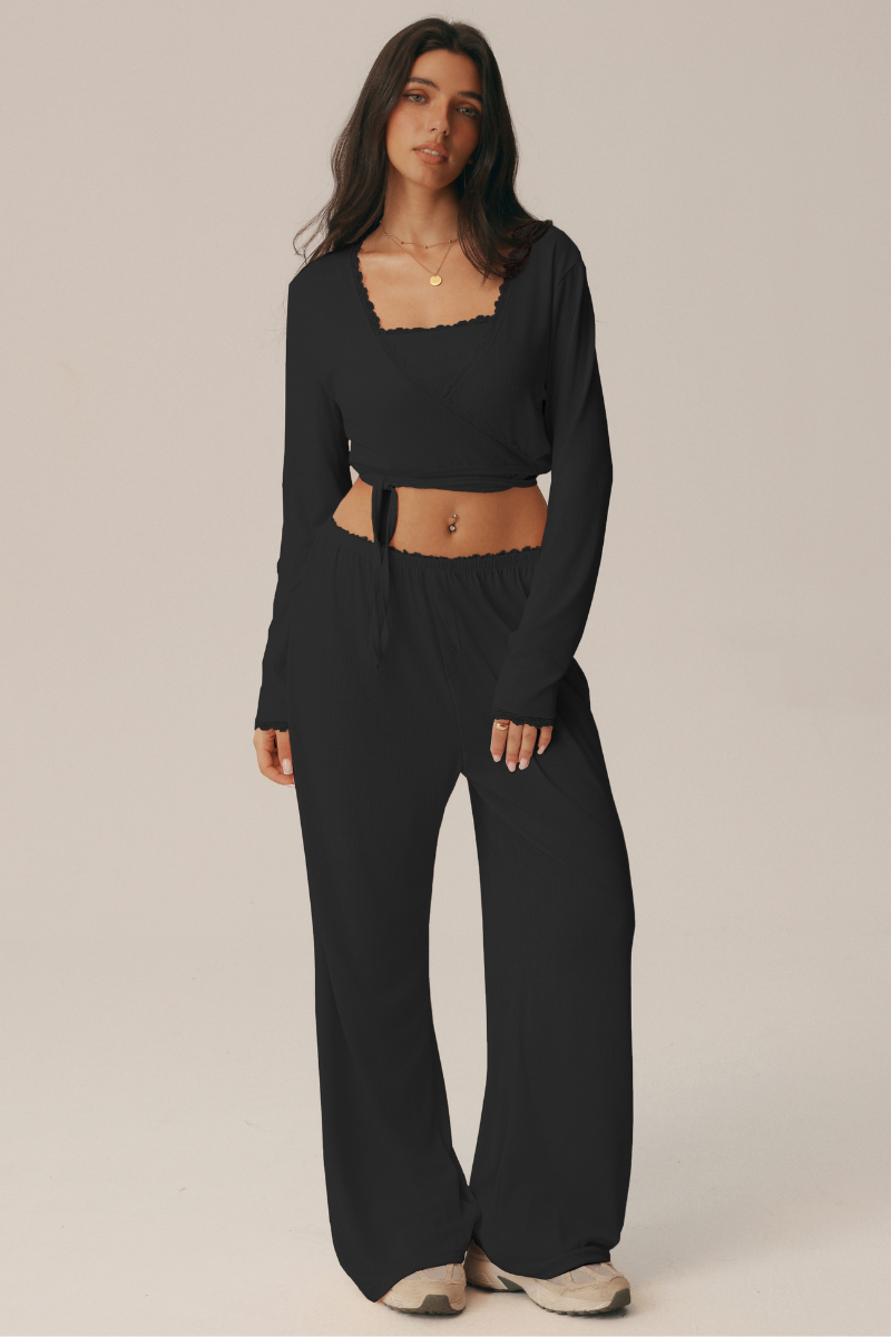 Completo 3 pezzi Giselle: reggiseno, top incrociato e pantaloni ampi