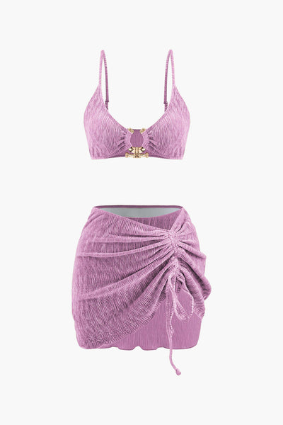 Velvet Textured U-ring Bikini And Sarong 3'lü Set