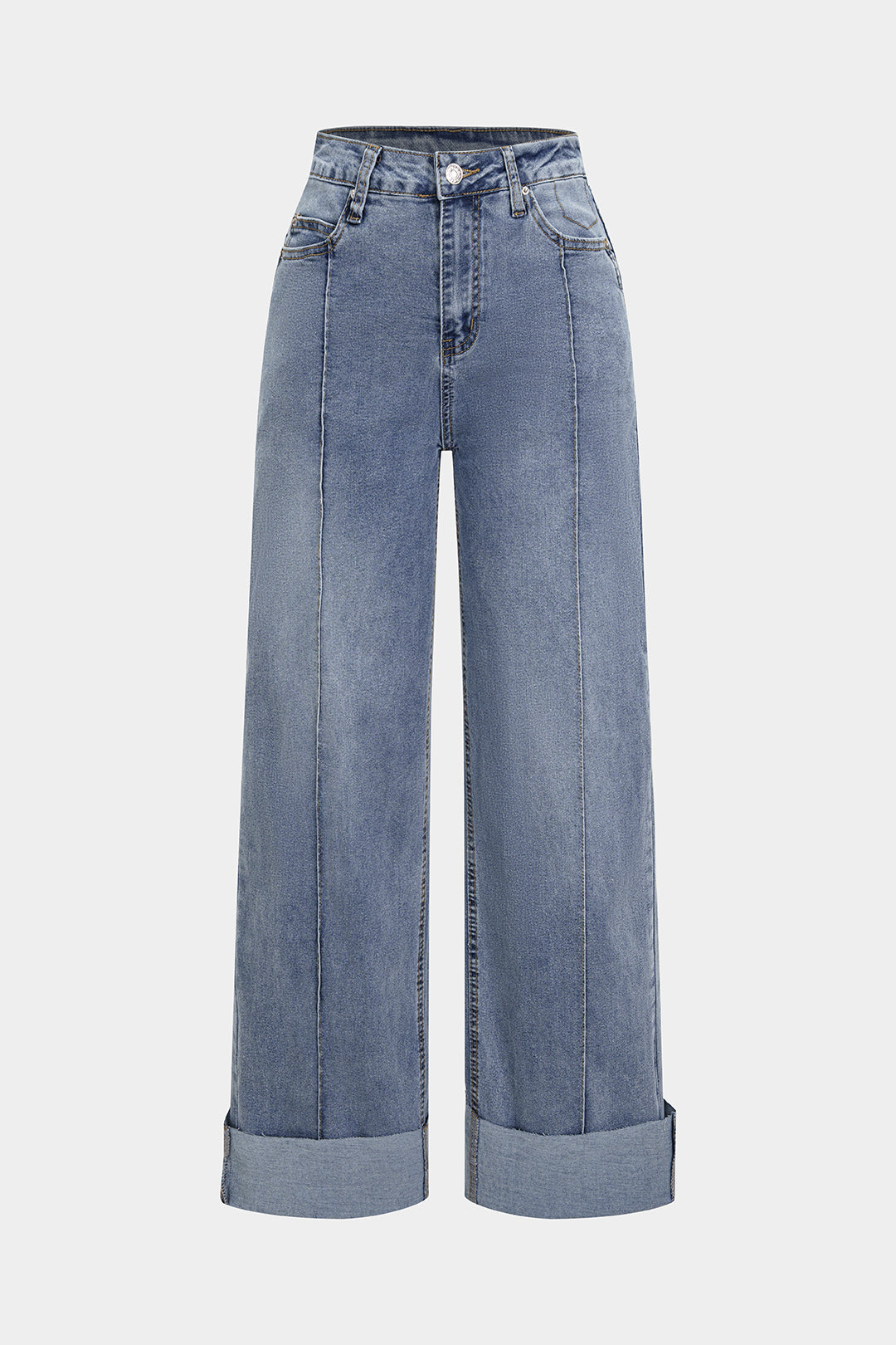 Paçaları kıvrılmış geniş paçalı kot pantolon