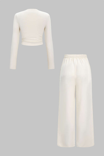 Ivory Calm Long Sleeve Crop &amp; Palazzo Trouser Set