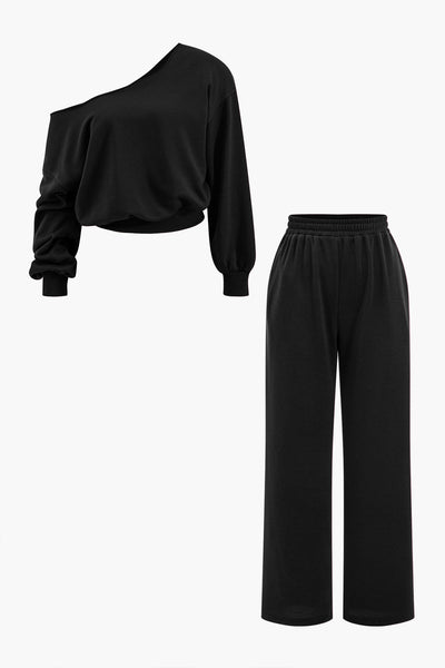 Ease One Shoulder Crop Sweat &amp; Palazzo Tracksuit Set