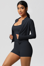 Completo 3 pezzi Celeste: reggiseno, giacca con zip e shorts