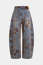 Çiçek Desenli Geniş Paçalı Kot Pantolon