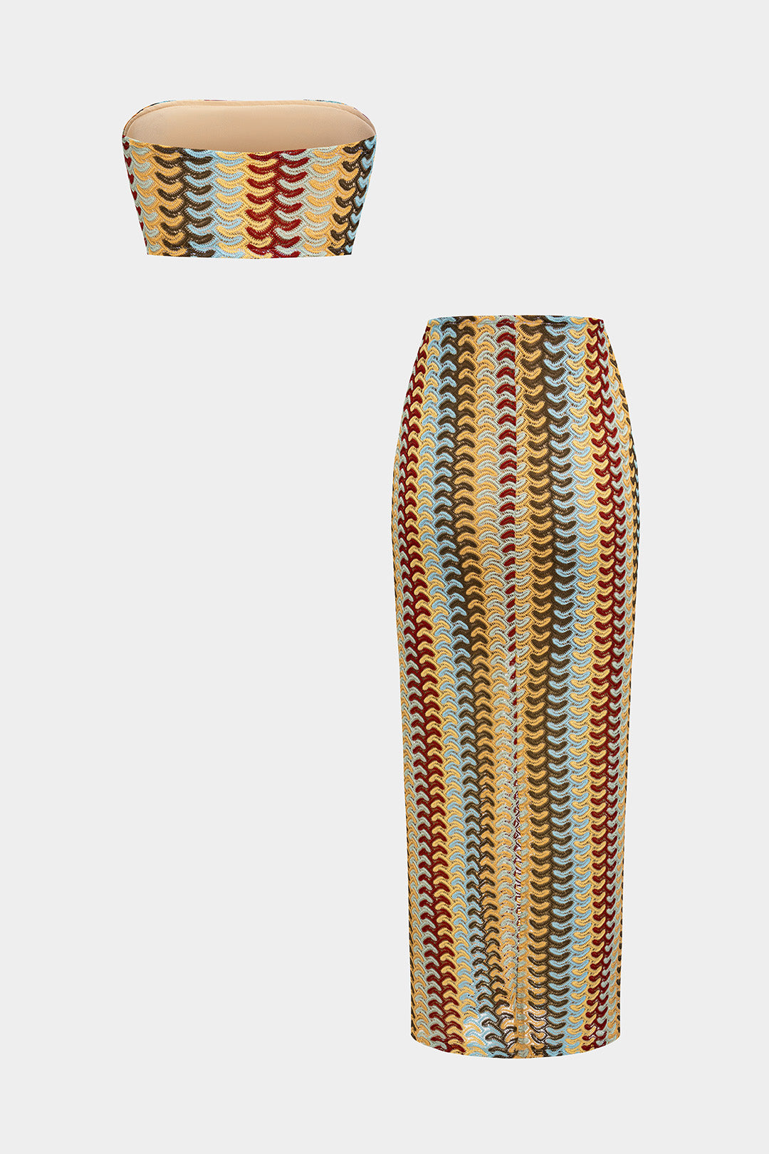 Bohemian Waves Strapless Crop &amp; Patterned Midi Skirt Set