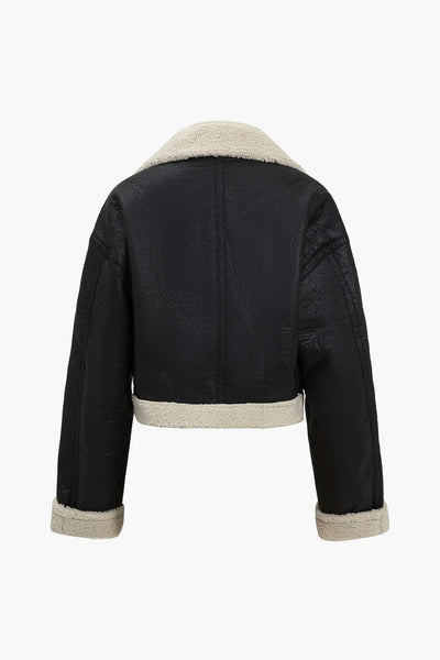 Solid Faux Leather Fleece Ceket