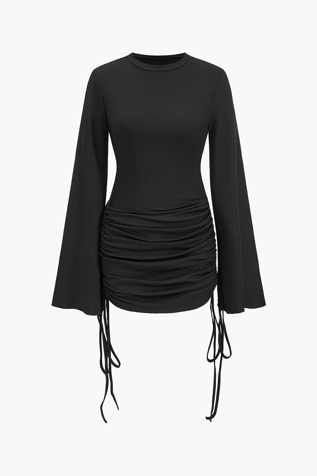 Round Neck Ruched Drawstring Bell Long Sleeve Mini Elbise