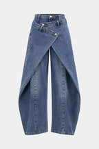 Sarmalı Panelli Geniş Paçalı Kot Pantolon