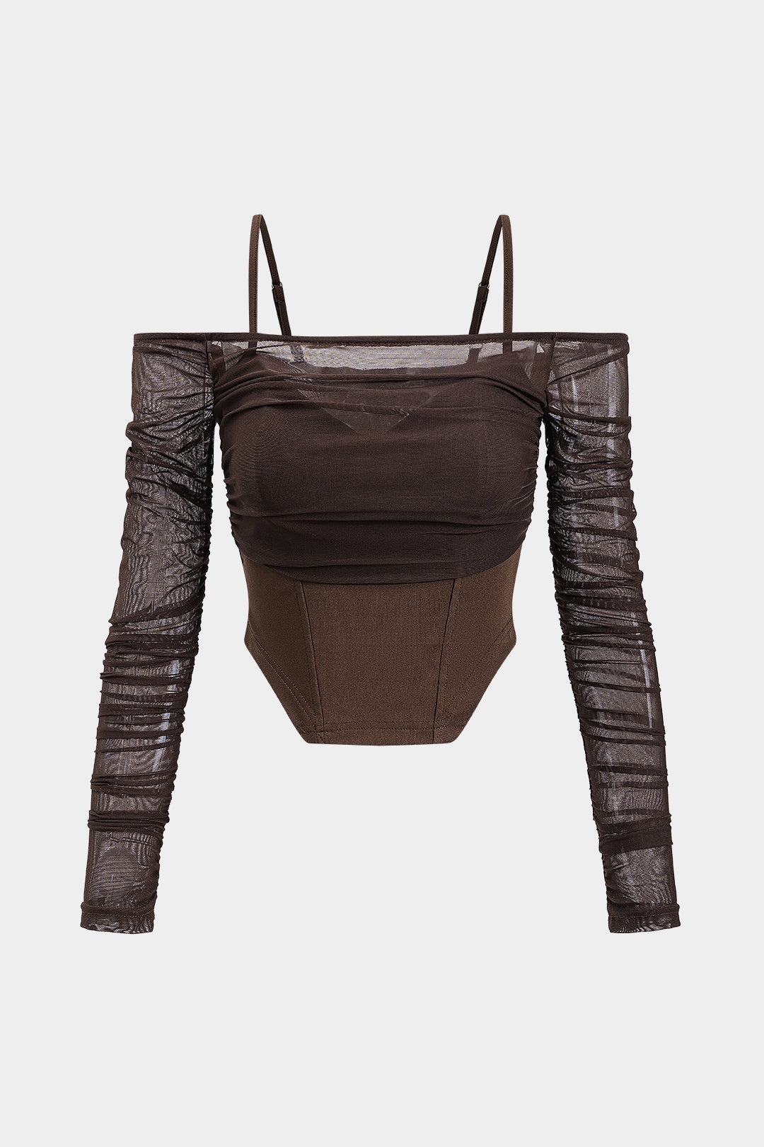 Mesh Sheer Ruched Long-Sleeve Slip Corset Crop