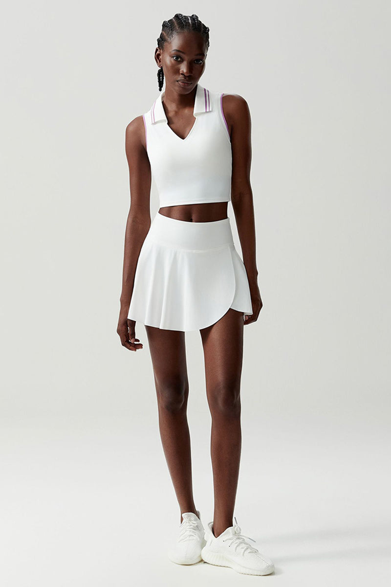 Women Stretch Yoga Tennis Set: Sleeveless Sports Top + High Waist Skirt