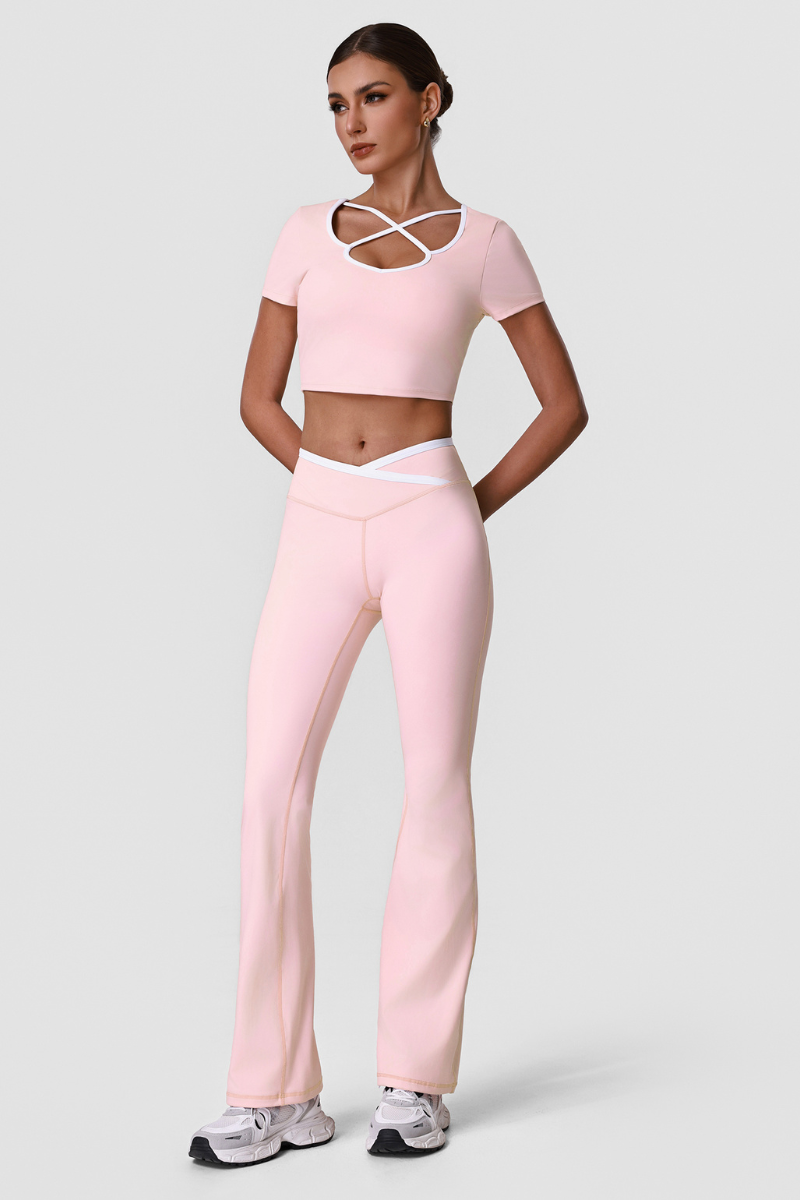 Women's Color Block Sets:Cropped T-shirt And Flared Pants