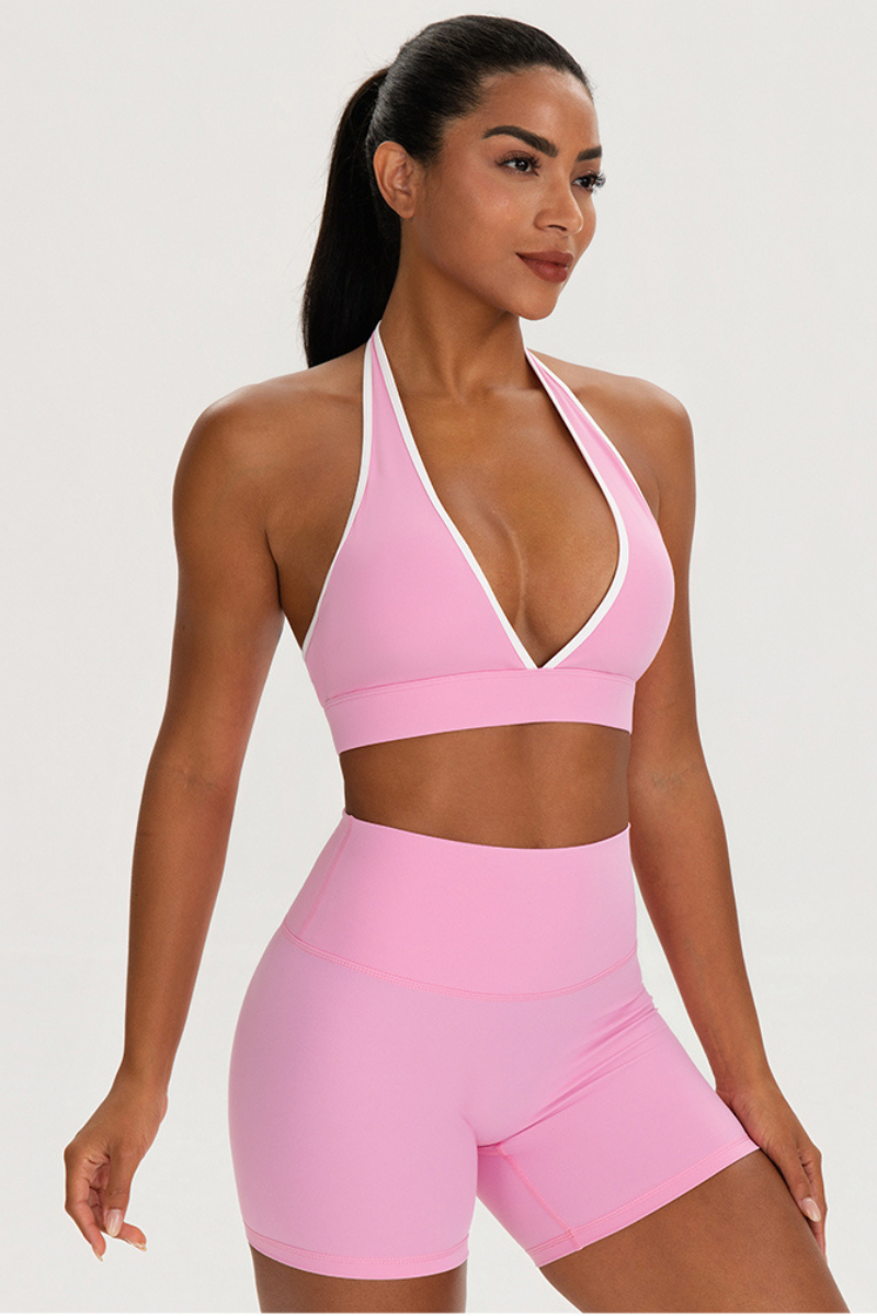 Women's Color-Matched Halter Bra And Yoga Shorts Sets