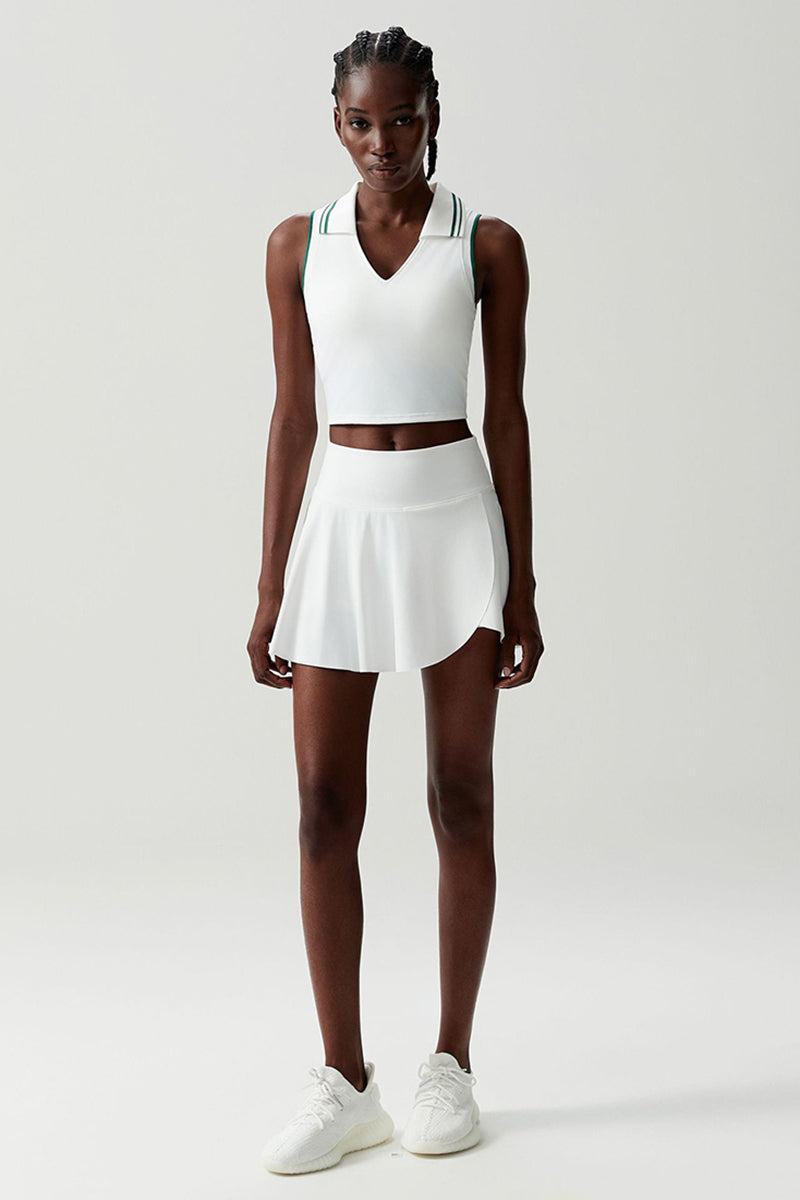 Women Stretch Yoga Tennis Set: Sleeveless Sports Top + High Waist Skirt