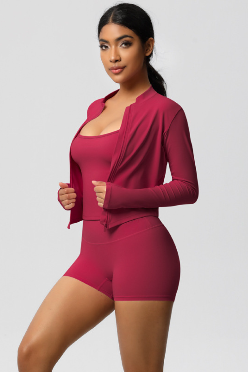 Completo 3 pezzi Celeste: reggiseno, giacca con zip e shorts