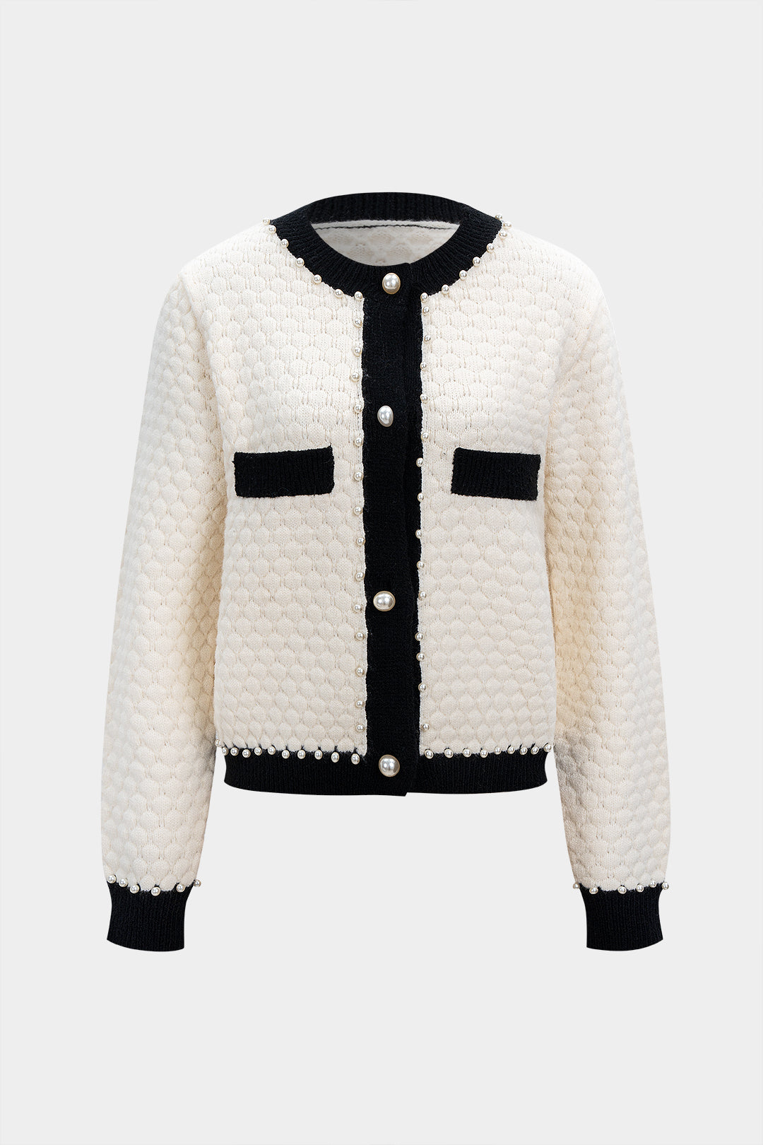 Pearl-Trimmed Contrast Elegant Knit Jacket