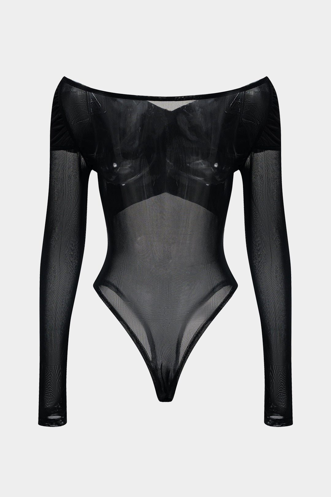 Mesh Satin Patchwork Sheer Uzun Kollu Bodysuit