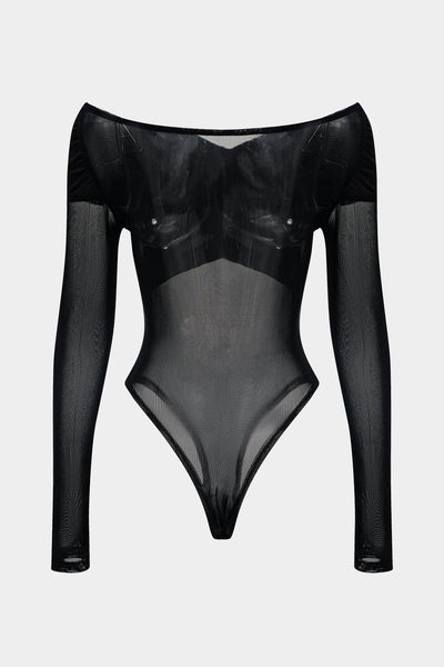 Mesh Satin Patchwork Sheer Uzun Kollu Bodysuit