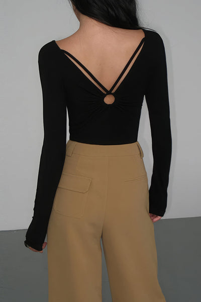 Metallic V-Neck Ring Long-Sleeve Top