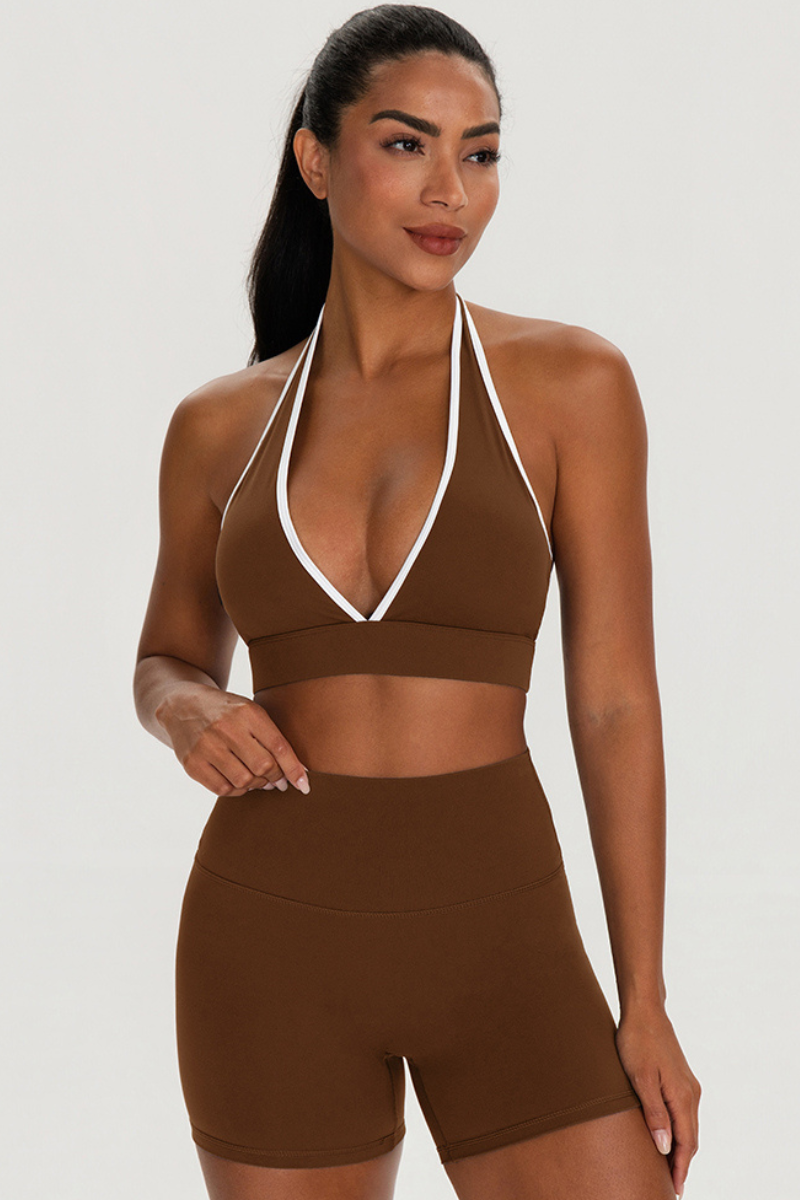 Women's Color-Matched Halter Bra And Yoga Shorts Sets