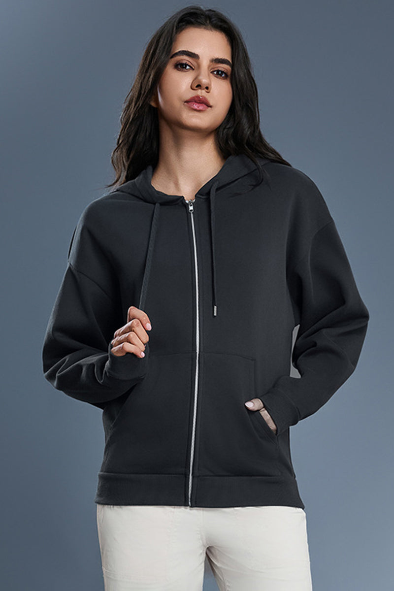 Women Fleece Hooded Windproof Loose Casual Zip Jacket