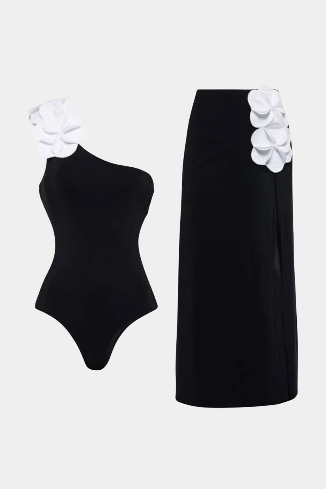 Asymmetrical Floral Black Swimsuit & Pareo