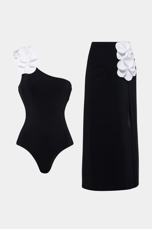 Asymmetrical Floral Black Swimsuit & Pareo