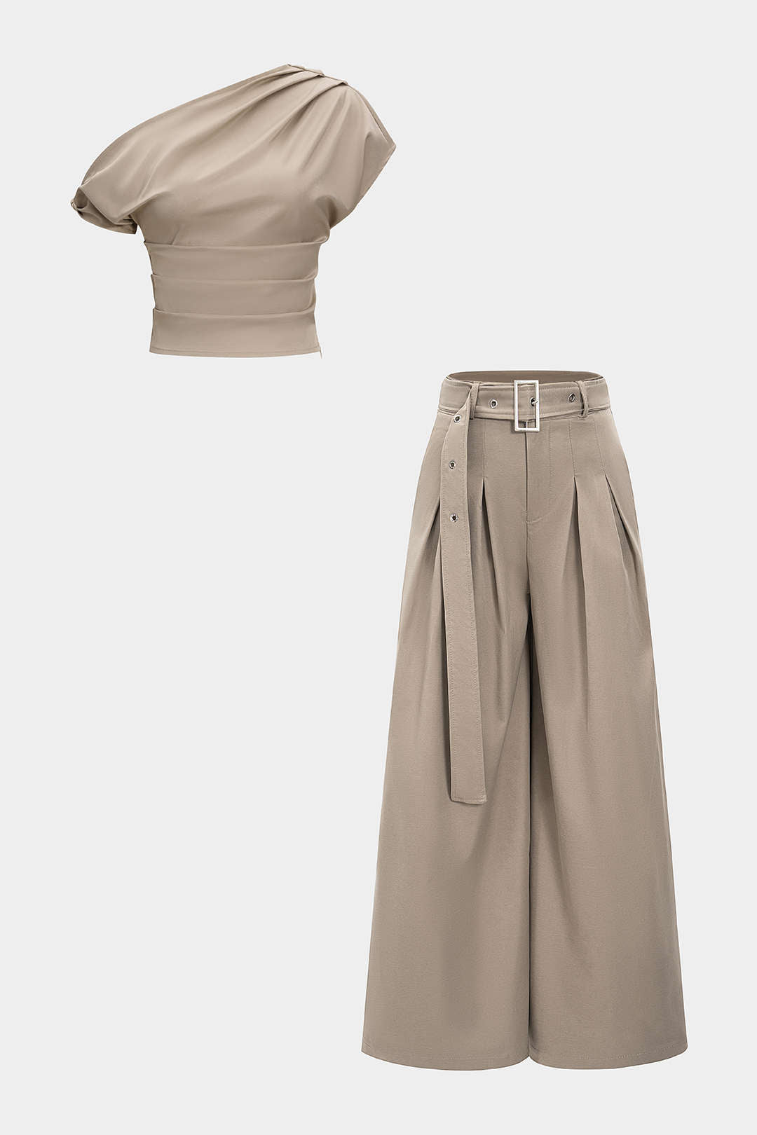 Structure Asymmetric Blouse &amp; Belted Palazzo Trouser Set