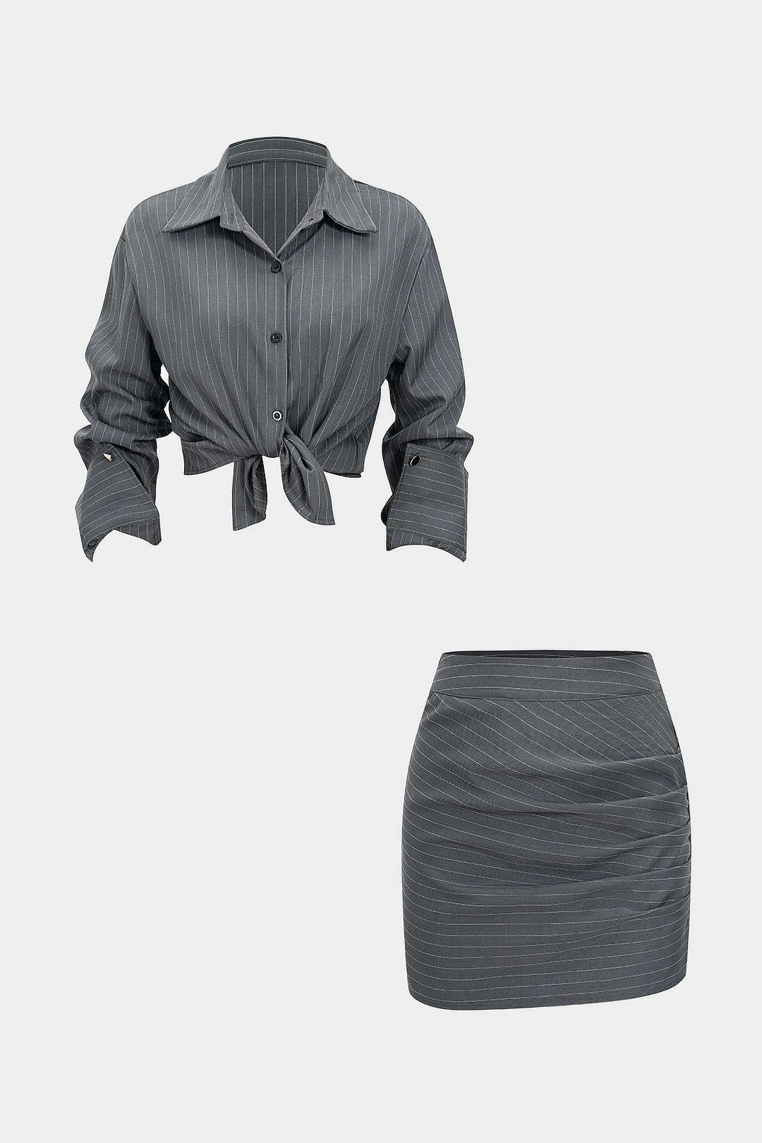 Pinstripe Charm Tie Shirt &amp; Mini Skirt Set