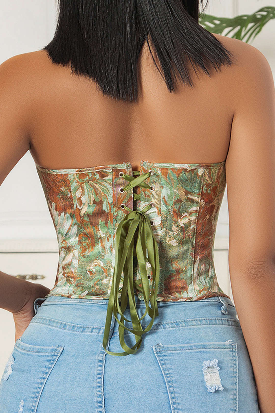 Floral Print Strapless Tie Back Tube Crop