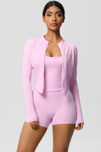 Completo 3 pezzi Celeste: reggiseno, giacca con zip e shorts
