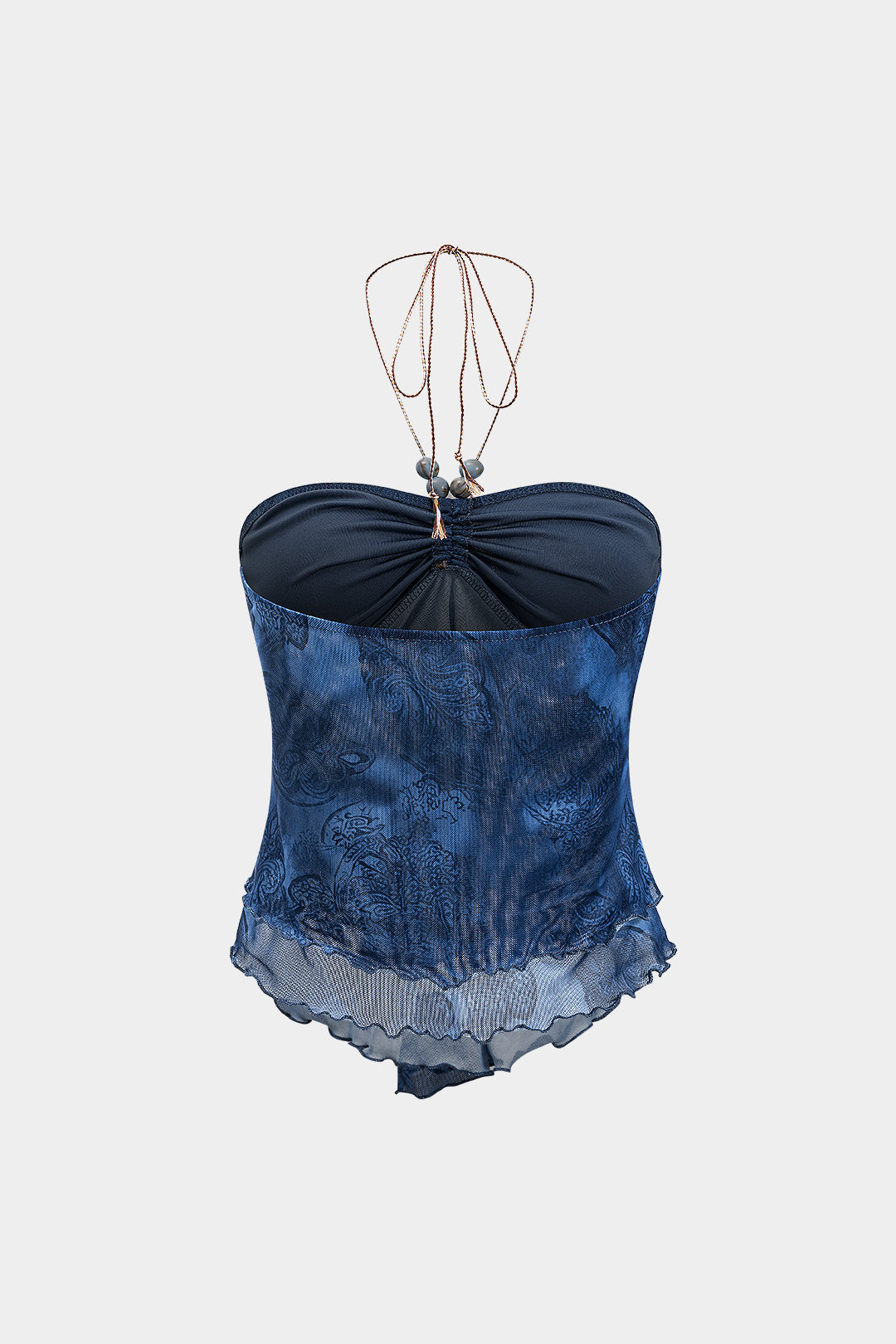 Tie Dye Print Mesh Ruched Beaded Tie-Up Cami Üst